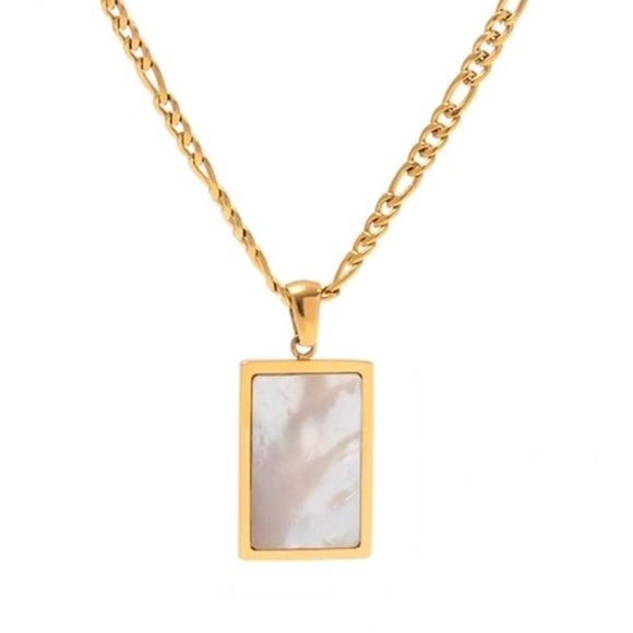 Mother Pearl Rectangle Iridescent Shell Gold Stainless Steel Geometric Necklace - Picture 4 of 17